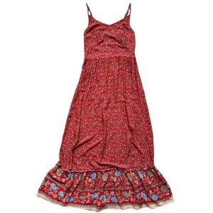 Red Floral Maxi Dress Sleeveless Boho Peasant Dress - Size XL